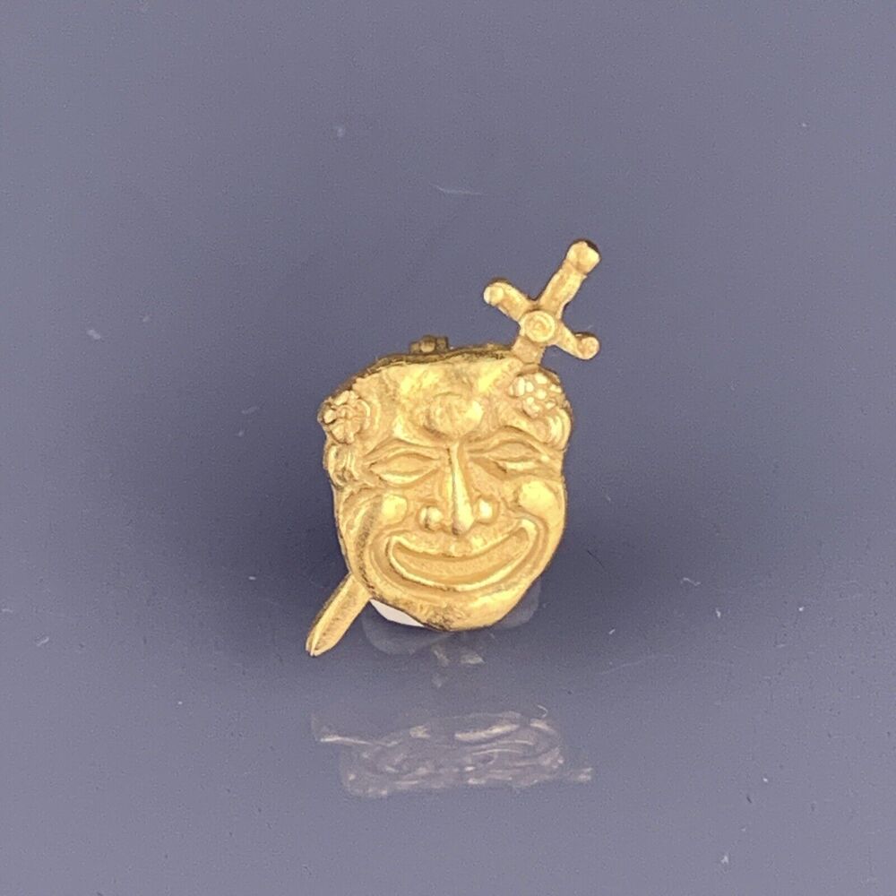 Small Drama Mask Sword Tie Tack Lapel Pin Brooch Theater Dagger Gold Tone VTG